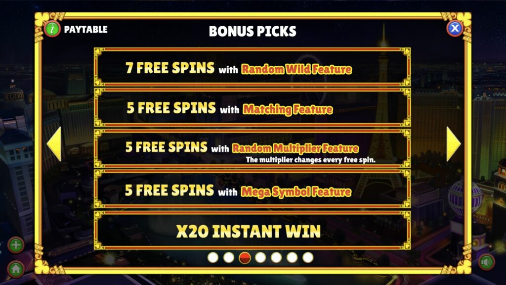 Winning Vegas free spins paytable